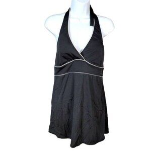 Lands' End Swim Dress Suit Black SZ 12 White Trim Surplice Halter Ties One Piece